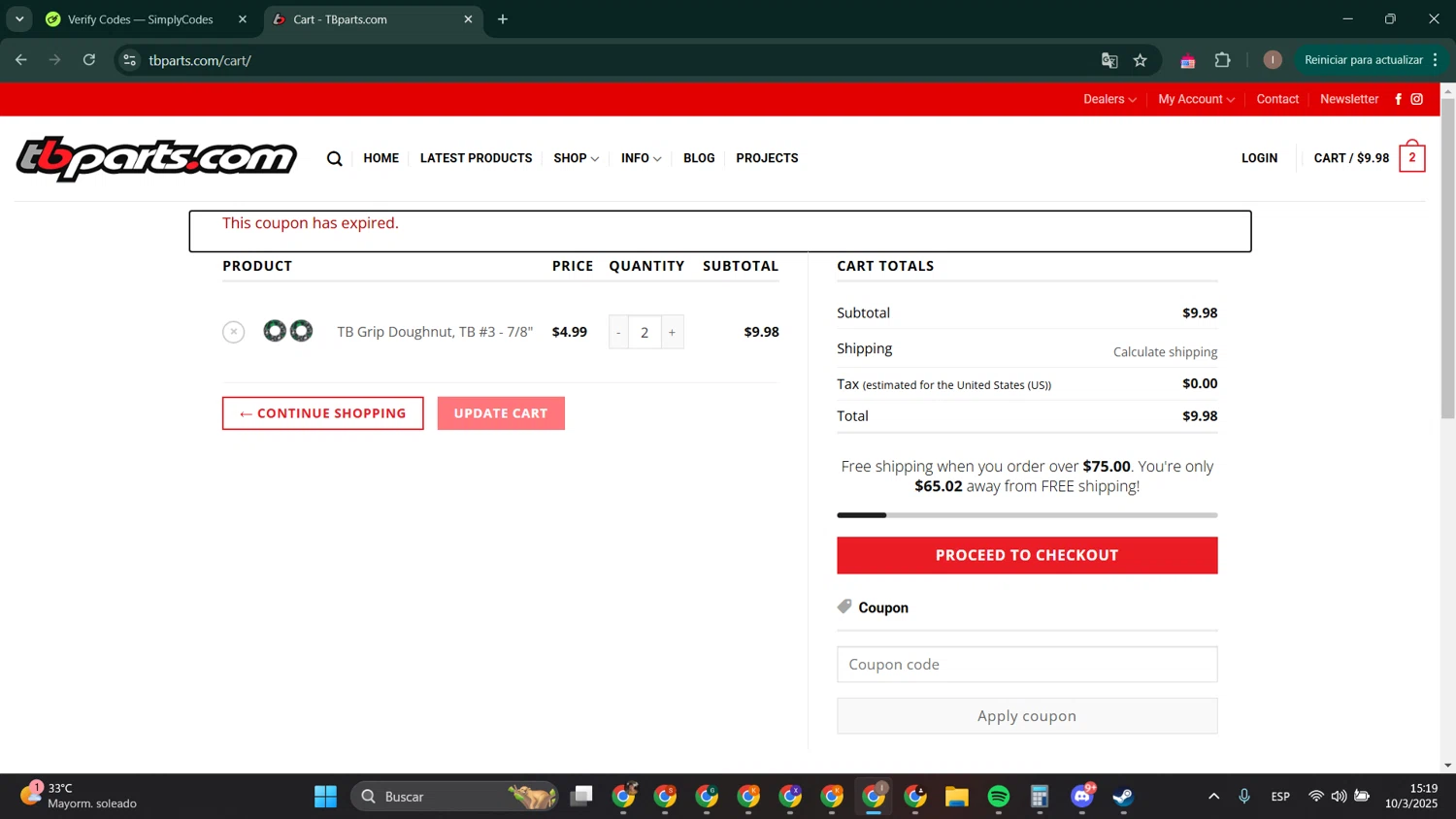 TBparts.com coupon code screenshot showing code tb24bf applied at TBparts.com checkout page. Uploaded by SimplyCodes community member RoyalPhoenix2730 on Mar 10, 2025