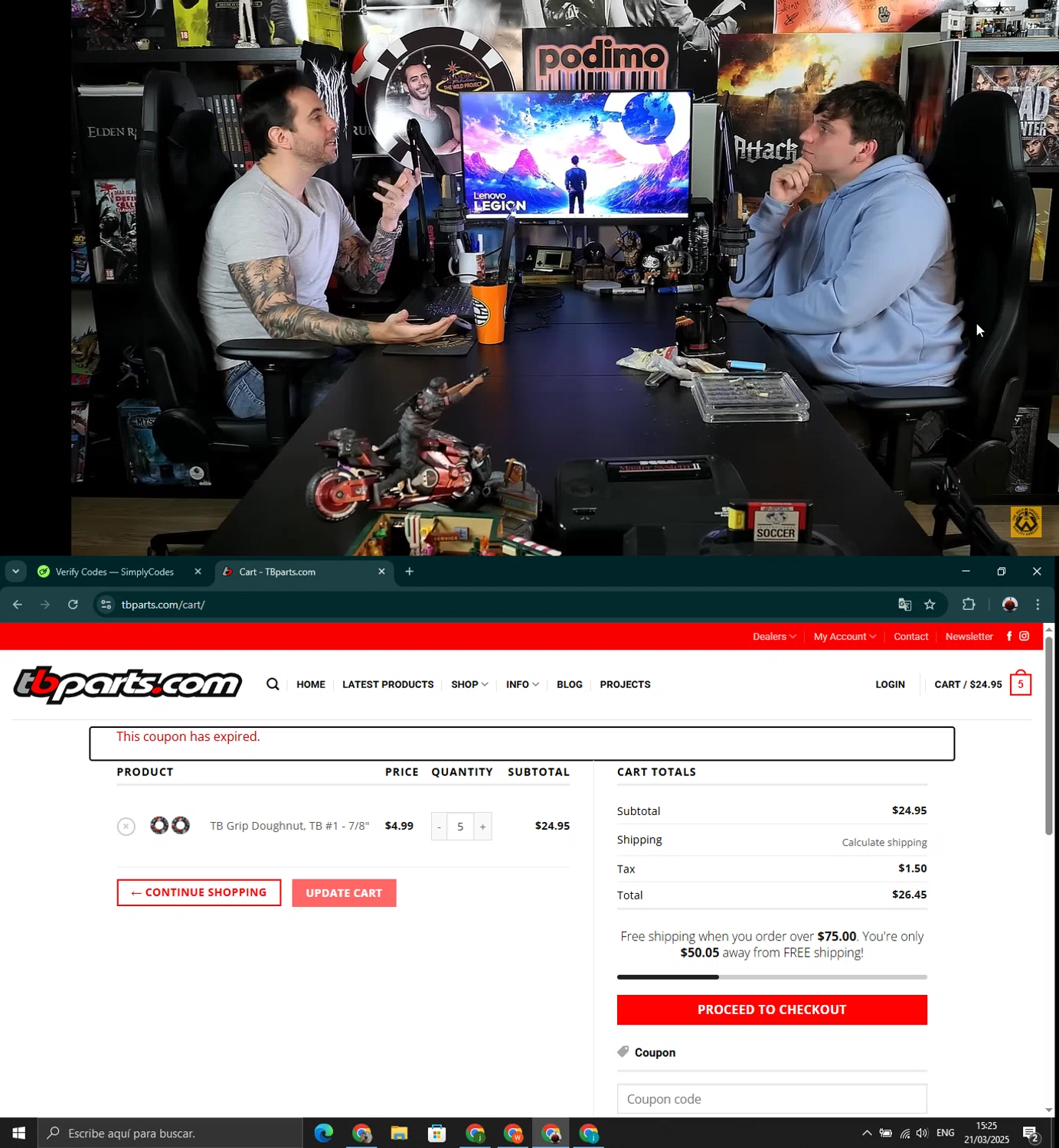TBparts.com coupon code screenshot showing code tb24bf applied at TBparts.com checkout page. Uploaded by SimplyCodes community member youngonzalo on Mar 21, 2025