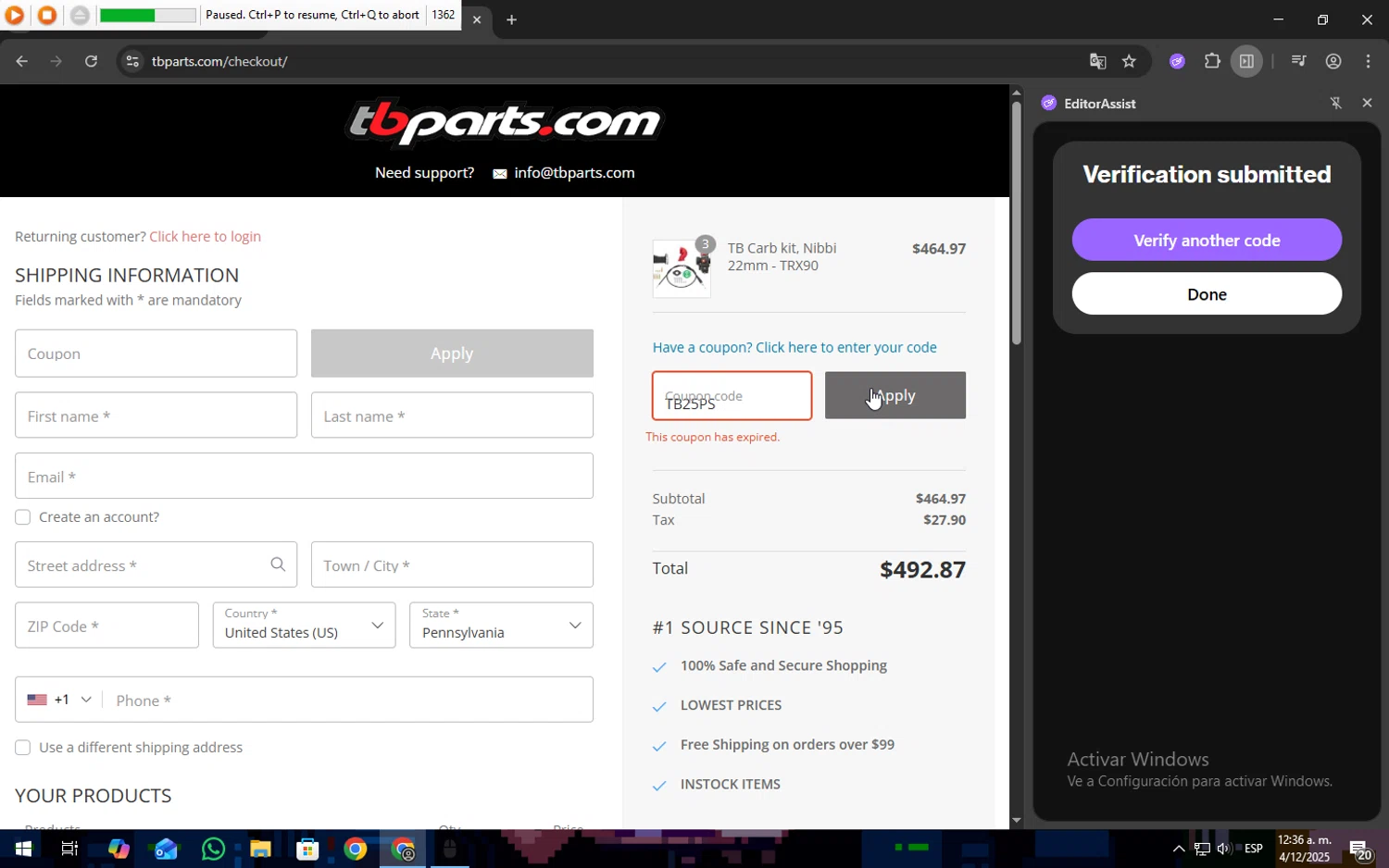 TBparts.com coupon code screenshot showing code TB25PS applied at TBparts.com checkout page. Uploaded by SimplyCodes community member Freeman on Dec 4, 2025