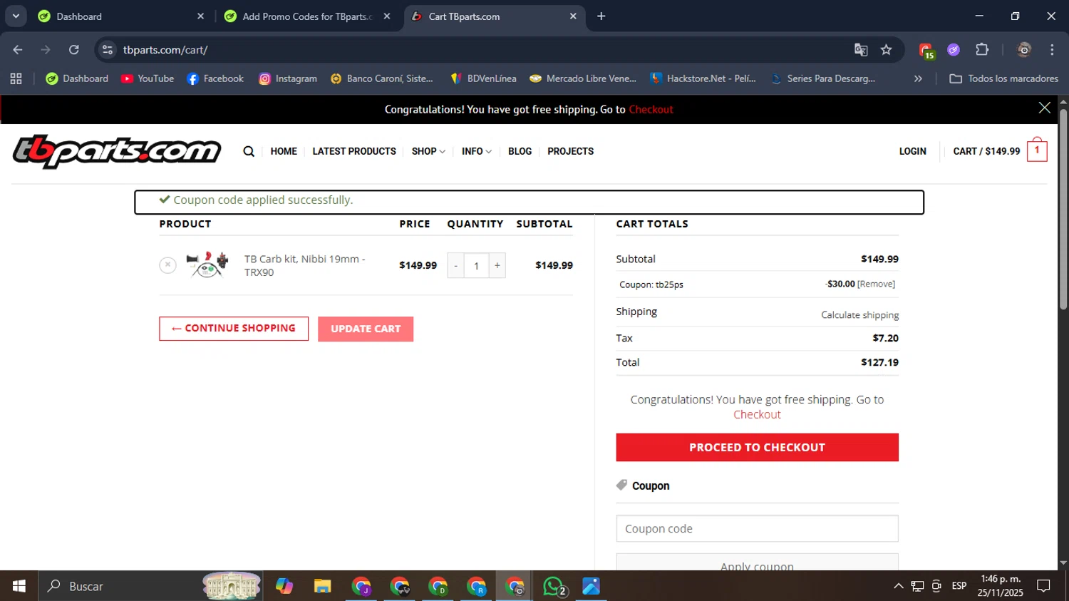 TBparts.com coupon code screenshot showing code TB25PS applied at TBparts.com checkout page. Uploaded by SimplyCodes community member Mroctober06 on Nov 25, 2025