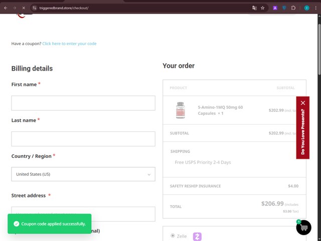 Triggered Brand checkout page showing Triggered Brand promo code box | Screenshot taken by SimplyCodes community member on May 9, 2025