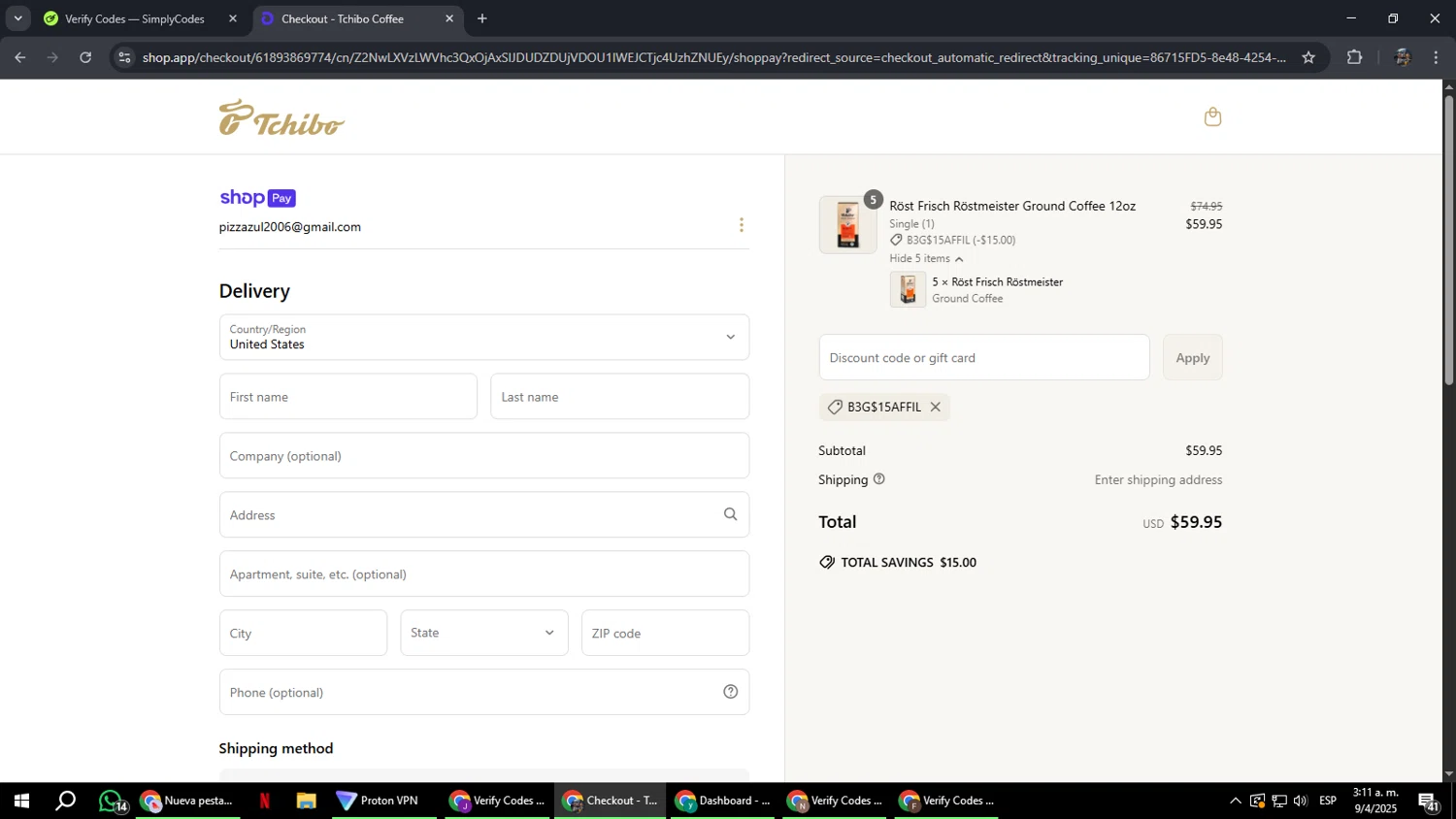 Tchibo US promo code screenshot showing code B3G$15AFFIL applied at Tchibo US checkout page. Uploaded by SimplyCodes community member xxdddd on Apr 9, 2025