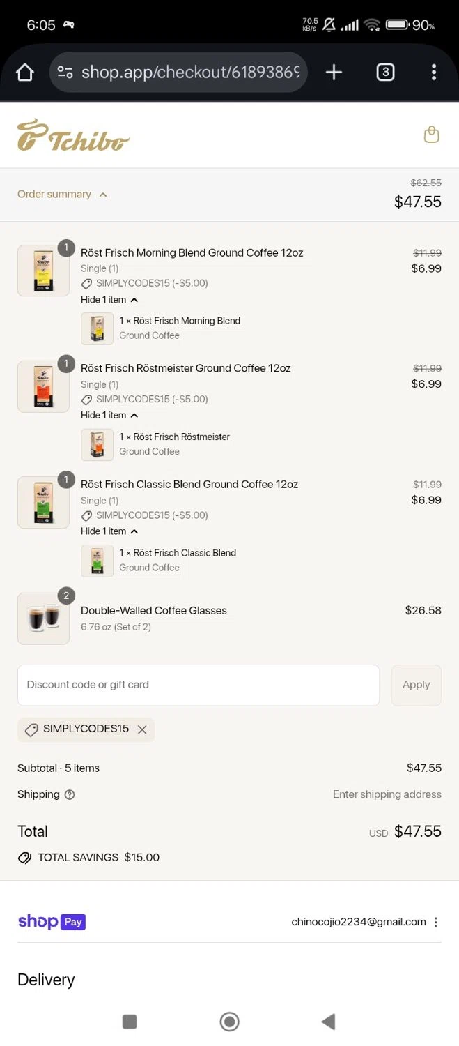 Tchibo US promo code screenshot showing code SIMPLYCODES15 applied at Tchibo US checkout page. Uploaded by SimplyCodes community member Lhhfhii on Aug 1, 2025