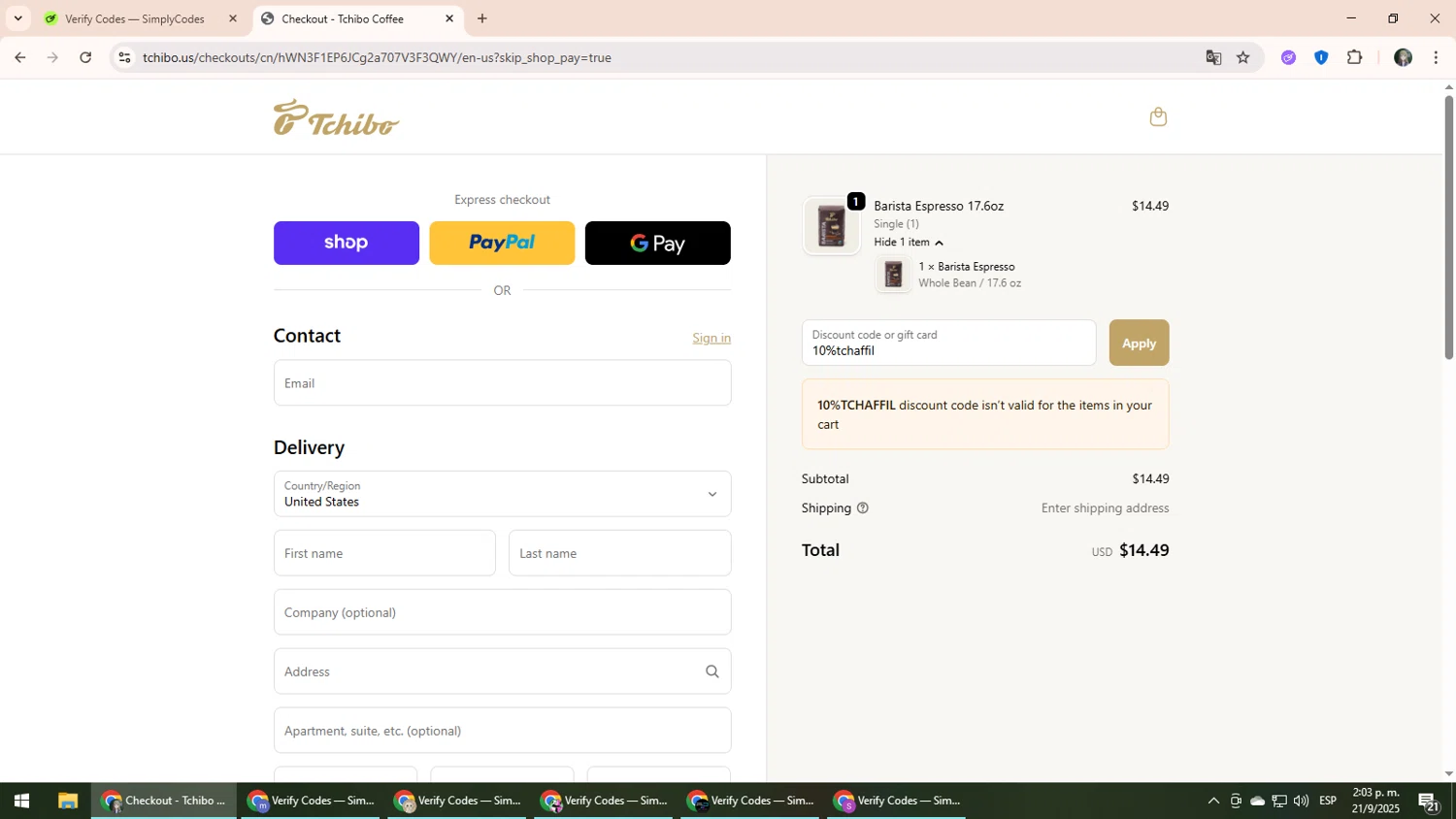 Tchibo US promo code screenshot showing code 10%tchaffil applied at Tchibo US checkout page. Uploaded by SimplyCodes community member CleverLynx6871 on Sep 21, 2025