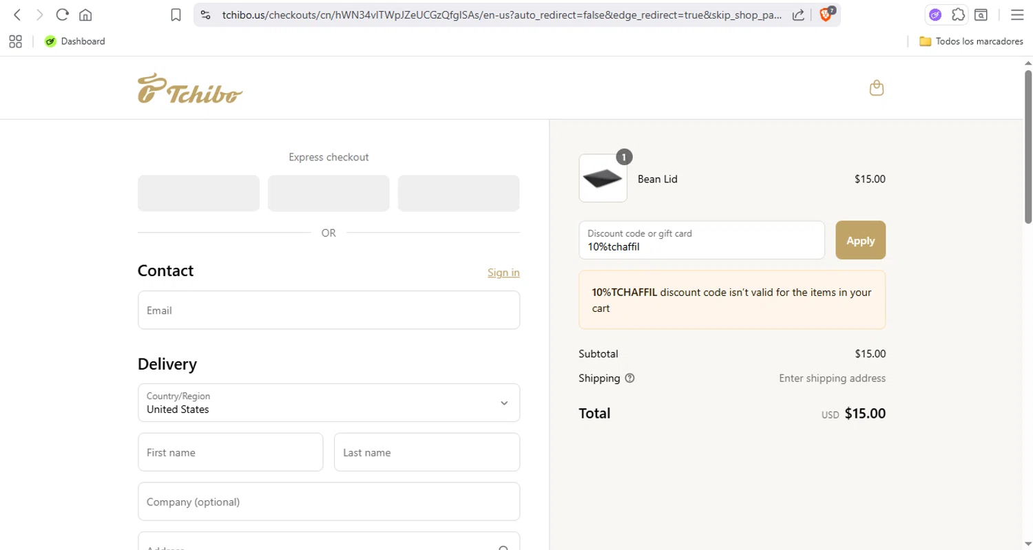 Tchibo US promo code screenshot showing code 10%tchaffil applied at Tchibo US checkout page. Uploaded by SimplyCodes community member Fabio05 on Sep 17, 2025