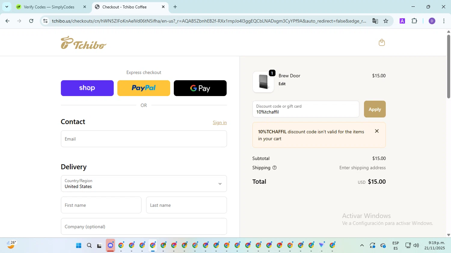 Tchibo US promo code screenshot showing code 10%tchaffil applied at Tchibo US checkout page. Uploaded by SimplyCodes community member SavingsGuardian5156 on Nov 22, 2025