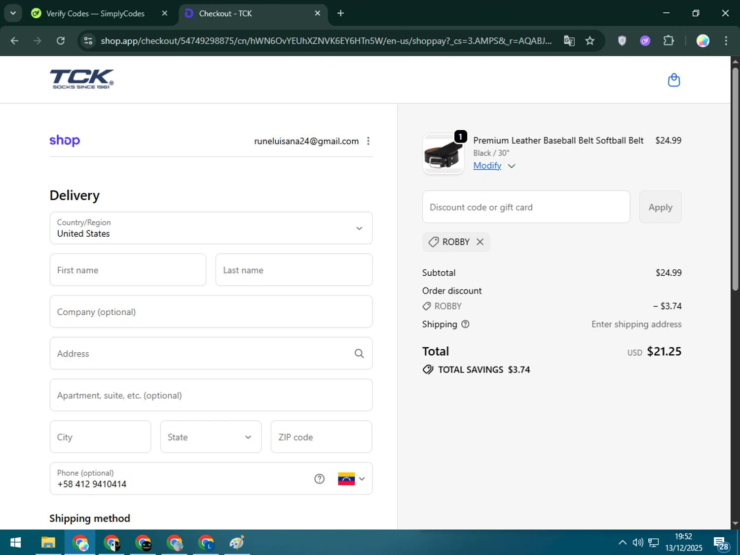 TCK Sports promo code screenshot showing code Robby applied at TCK Sports checkout page. Uploaded by SimplyCodes community member Estrellitacoairis on Dec 13, 2025