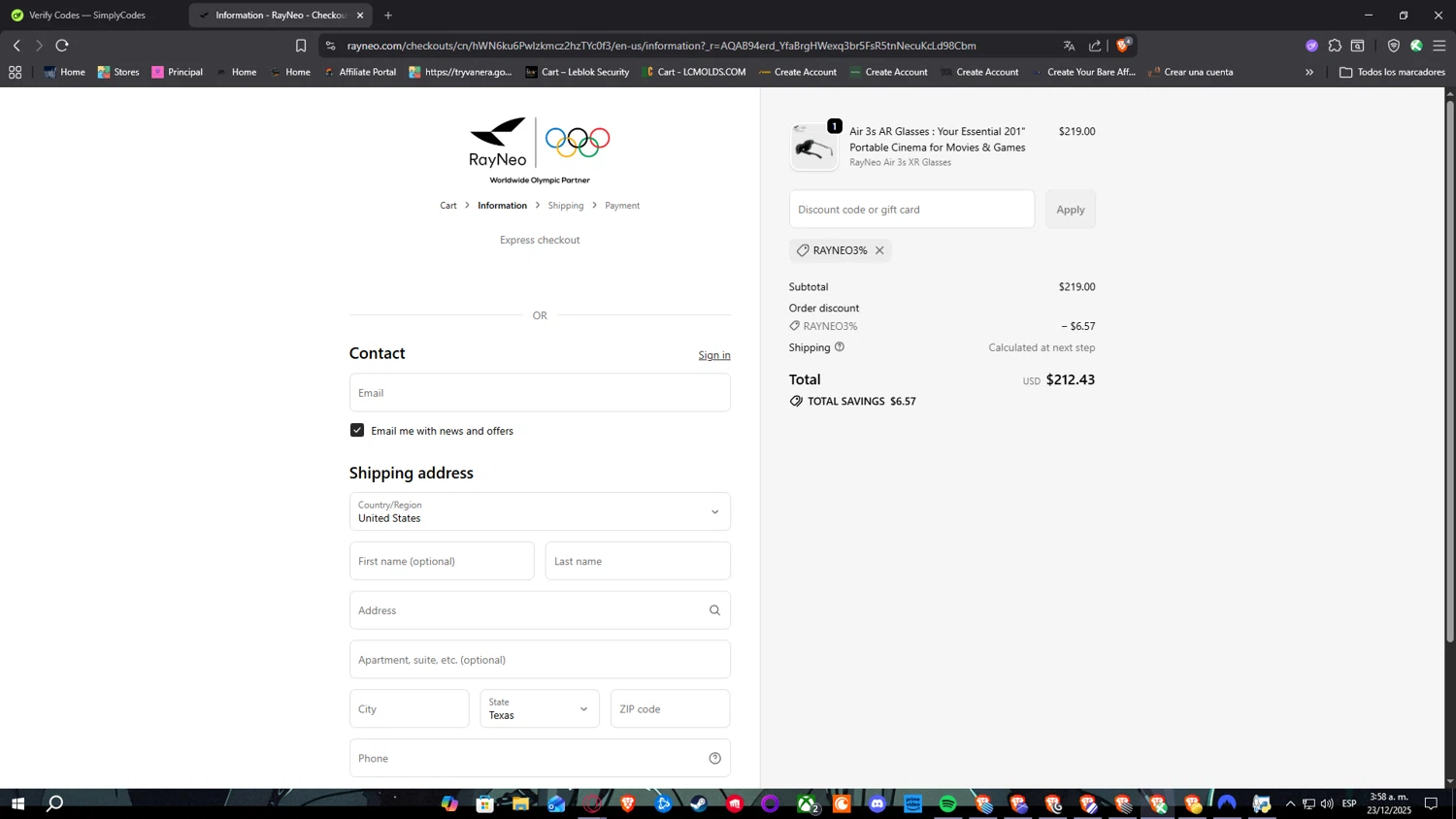 TCL RayNeo promo code screenshot showing code RayNeo3% applied at TCL RayNeo checkout page. Uploaded by SimplyCodes community member RickCodery on Dec 23, 2025