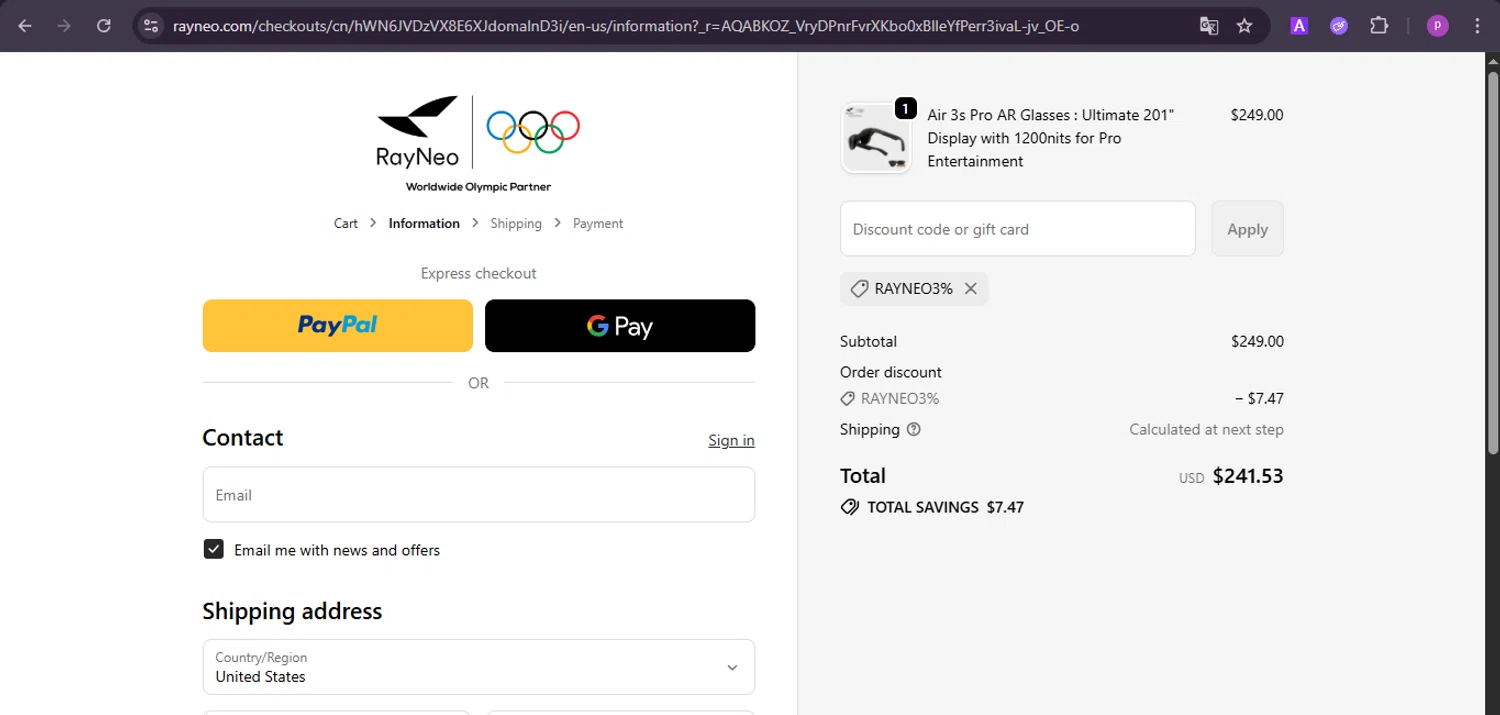TCL RayNeo promo code screenshot showing code RayNeo3% applied at TCL RayNeo checkout page. Uploaded by SimplyCodes community member firoas on Dec 11, 2025