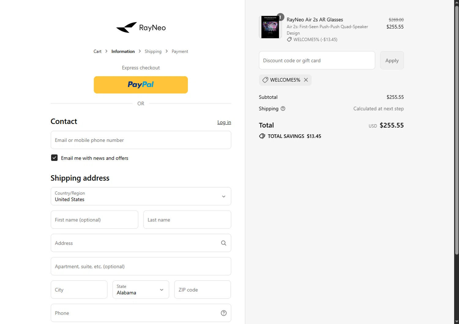 TCL RayNeo promo code screenshot showing code WELCOME5% applied at TCL RayNeo checkout page. Uploaded by SimplyCodes community member SwiftTracker8156 on Aug 17, 2025