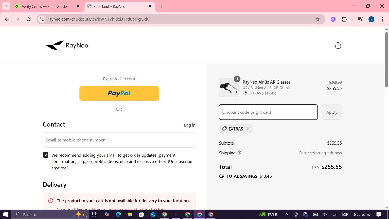 TCL RayNeo promo code screenshot showing code EXTRA5 applied at TCL RayNeo checkout page. Uploaded by SimplyCodes community member MoneyTiger7289 on Jul 27, 2025