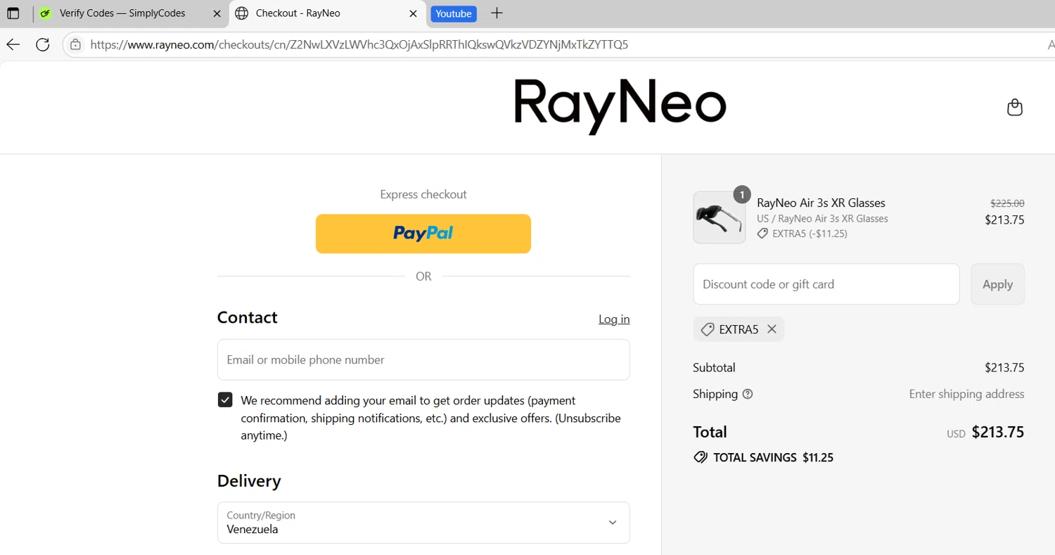 TCL RayNeo promo code screenshot showing code EXTRA5 applied at TCL RayNeo checkout page. Uploaded by SimplyCodes community member RoyalNavigator1011 on Jul 9, 2025