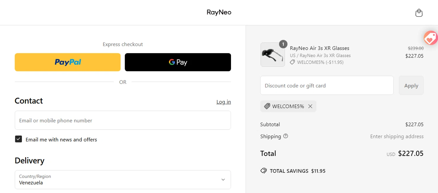 TCL RayNeo promo code screenshot showing code WELCOME5% applied at TCL RayNeo checkout page. Uploaded by SimplyCodes community member ESTHER3121 on Jun 11, 2025