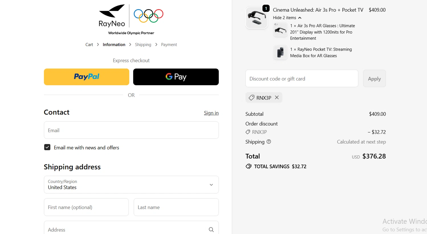 TCL RayNeo promo code screenshot showing code RNX3P applied at TCL RayNeo checkout page. Uploaded by SimplyCodes community member Lioniel on Dec 29, 2025