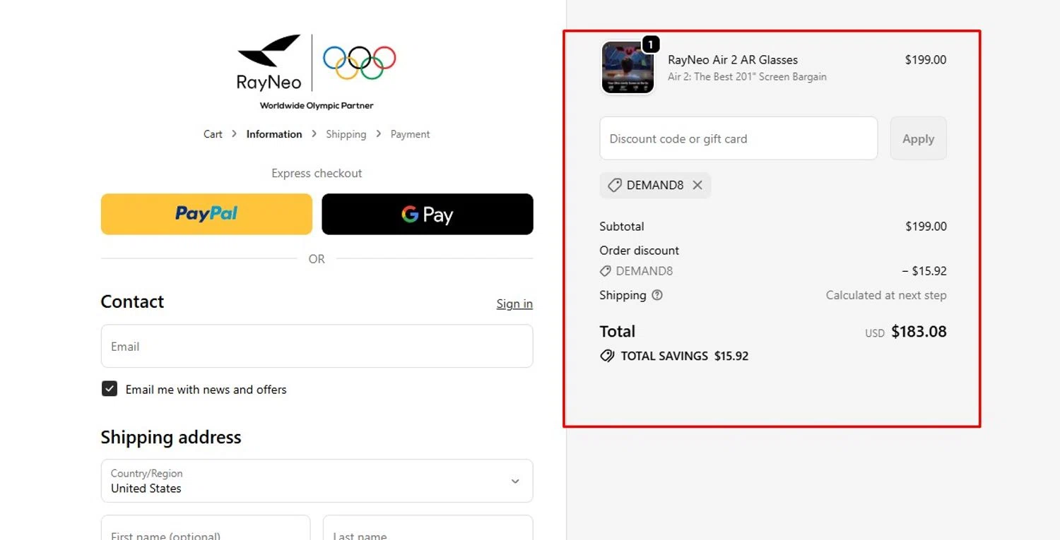 TCL RayNeo promo code screenshot showing code DEMAND8 applied at TCL RayNeo checkout page. Uploaded by SimplyCodes community member Swiftdealz on Nov 25, 2025