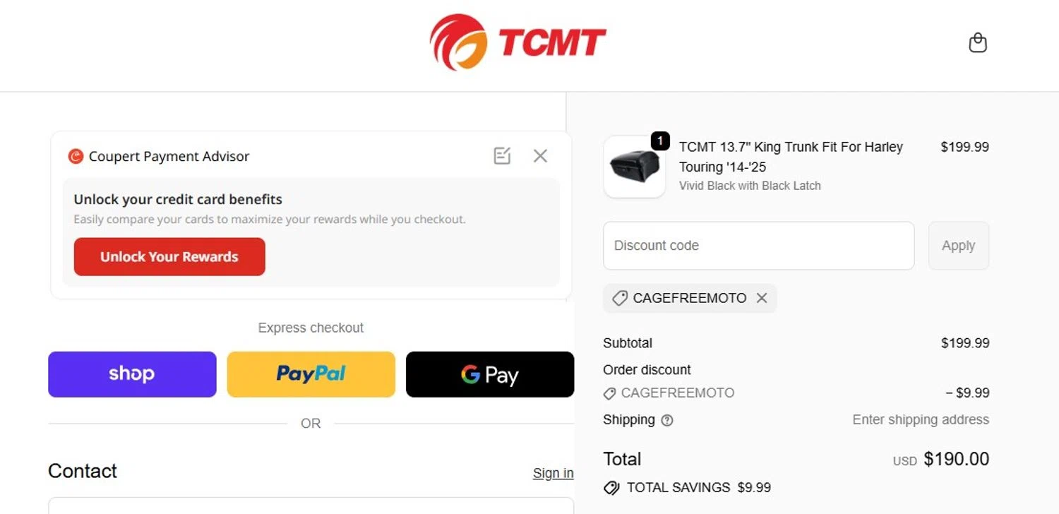 TCMT promo code screenshot showing code CAGEFREEMOTO applied at TCMT checkout page. Uploaded by SimplyCodes community member Honoriocolmenarez on Jan 11, 2026