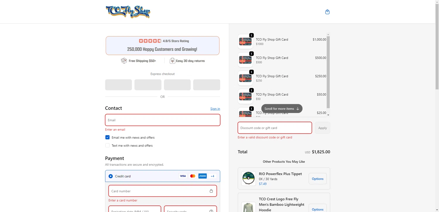 TCO Fly Shop discount code screenshot showing code THANKYOU10 applied at TCO Fly Shop checkout page. Uploaded by SimplyCodes community member SilverChaser3269 on Oct 1, 2025