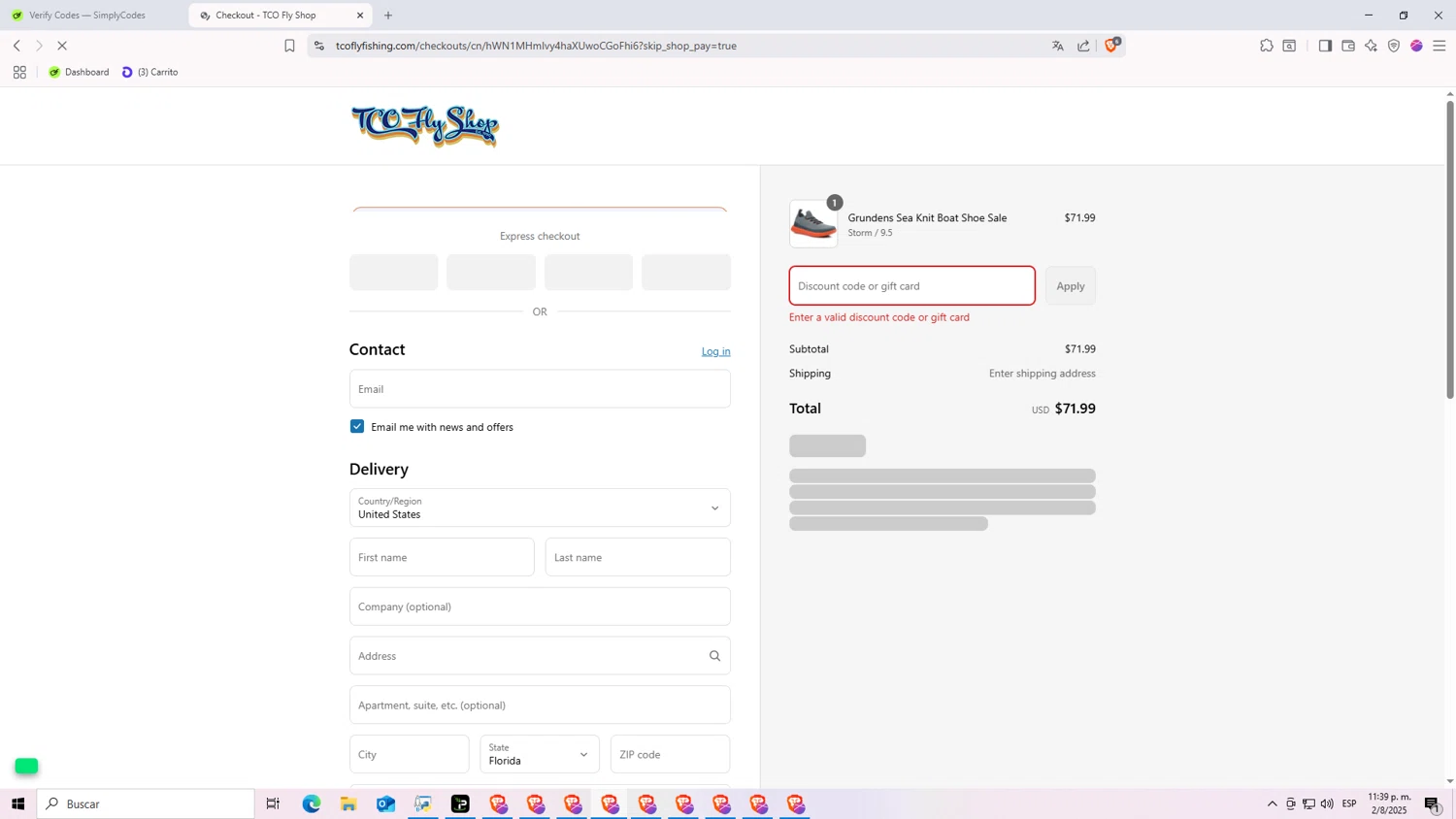 TCO Fly Shop discount code screenshot showing code NRAV7BZG0KMS applied at TCO Fly Shop checkout page. Uploaded by SimplyCodes community member kl455o on Aug 3, 2025