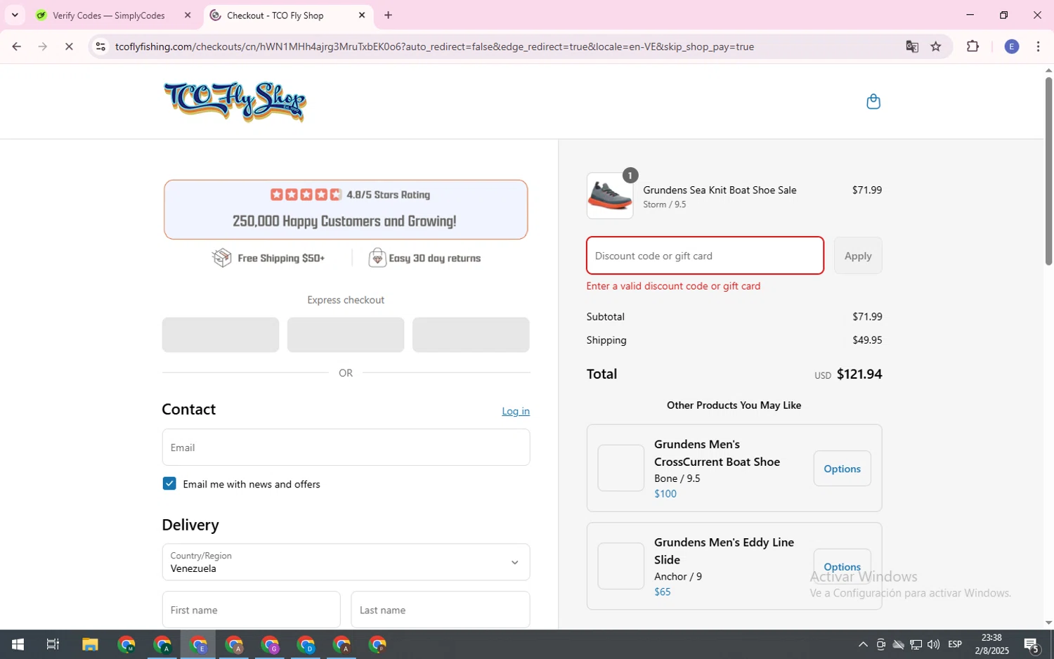 TCO Fly Shop discount code screenshot showing code NRAV7BZG0KMS applied at TCO Fly Shop checkout page. Uploaded by SimplyCodes community member ThriftyWarden3521 on Aug 3, 2025