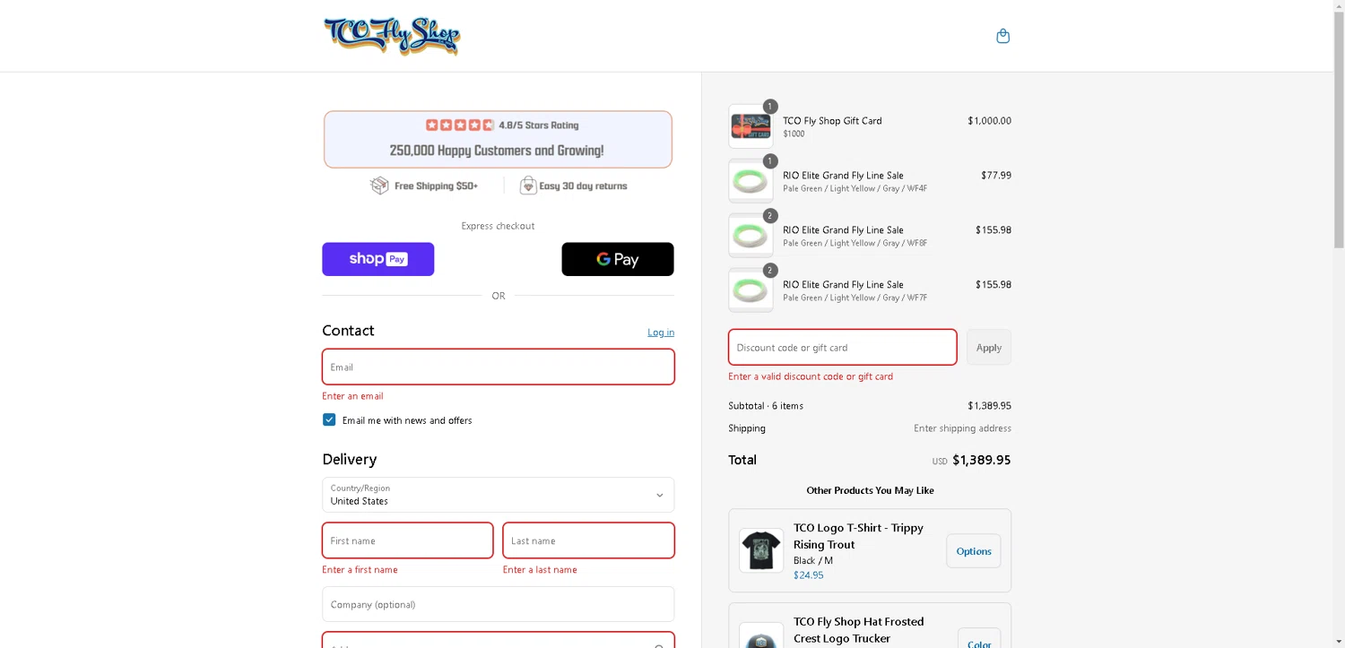 TCO Fly Shop discount code screenshot showing code CARLOS10 applied at TCO Fly Shop checkout page. Uploaded by SimplyCodes community member SwiftLynx7415 on Aug 7, 2025