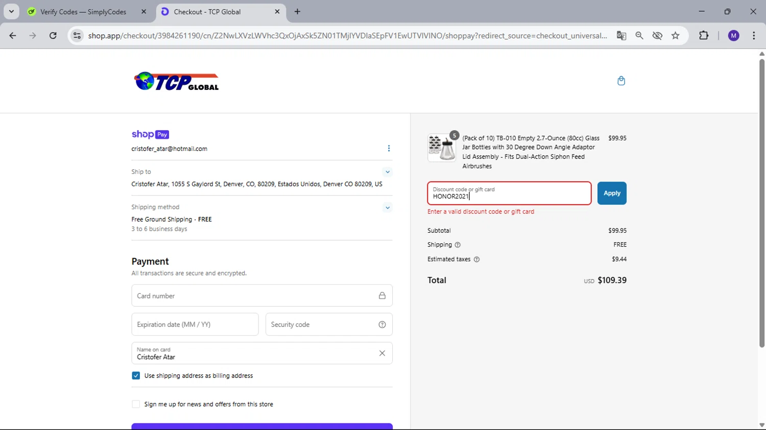 TCP Global coupon code screenshot showing code HONOR2021 applied at TCP Global checkout page. Uploaded by SimplyCodes community member MarielisPb on Mar 9, 2025