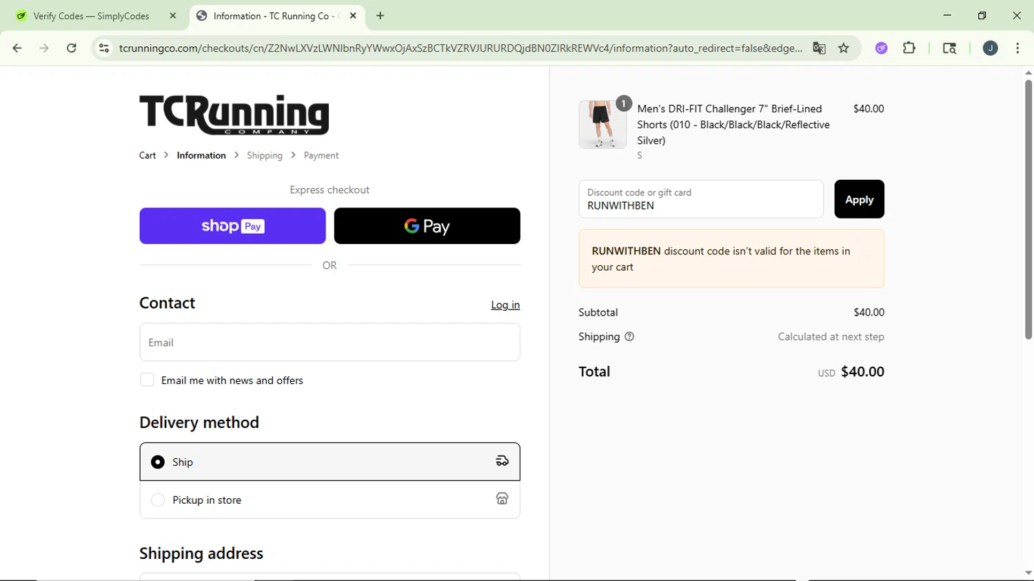 TC Running Company discount code screenshot showing code RUNWITHBEN applied at TC Running Company checkout page. Uploaded by SimplyCodes community member GloriousCollector9930 on Jul 17, 2025
