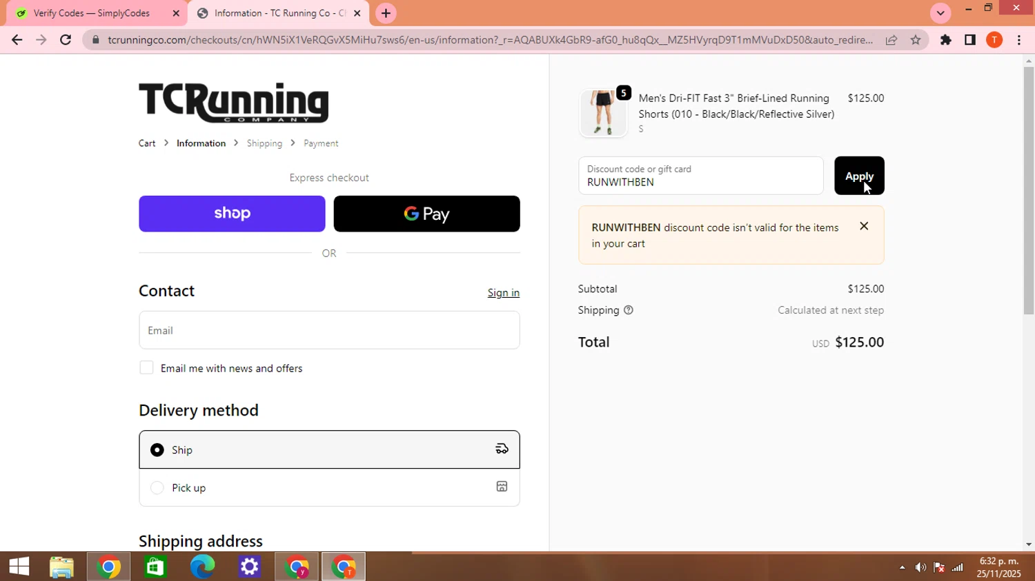TC Running Company discount code screenshot showing code RUNWITHBEN applied at TC Running Company checkout page. Uploaded by SimplyCodes community member HHHHHHH on Nov 25, 2025