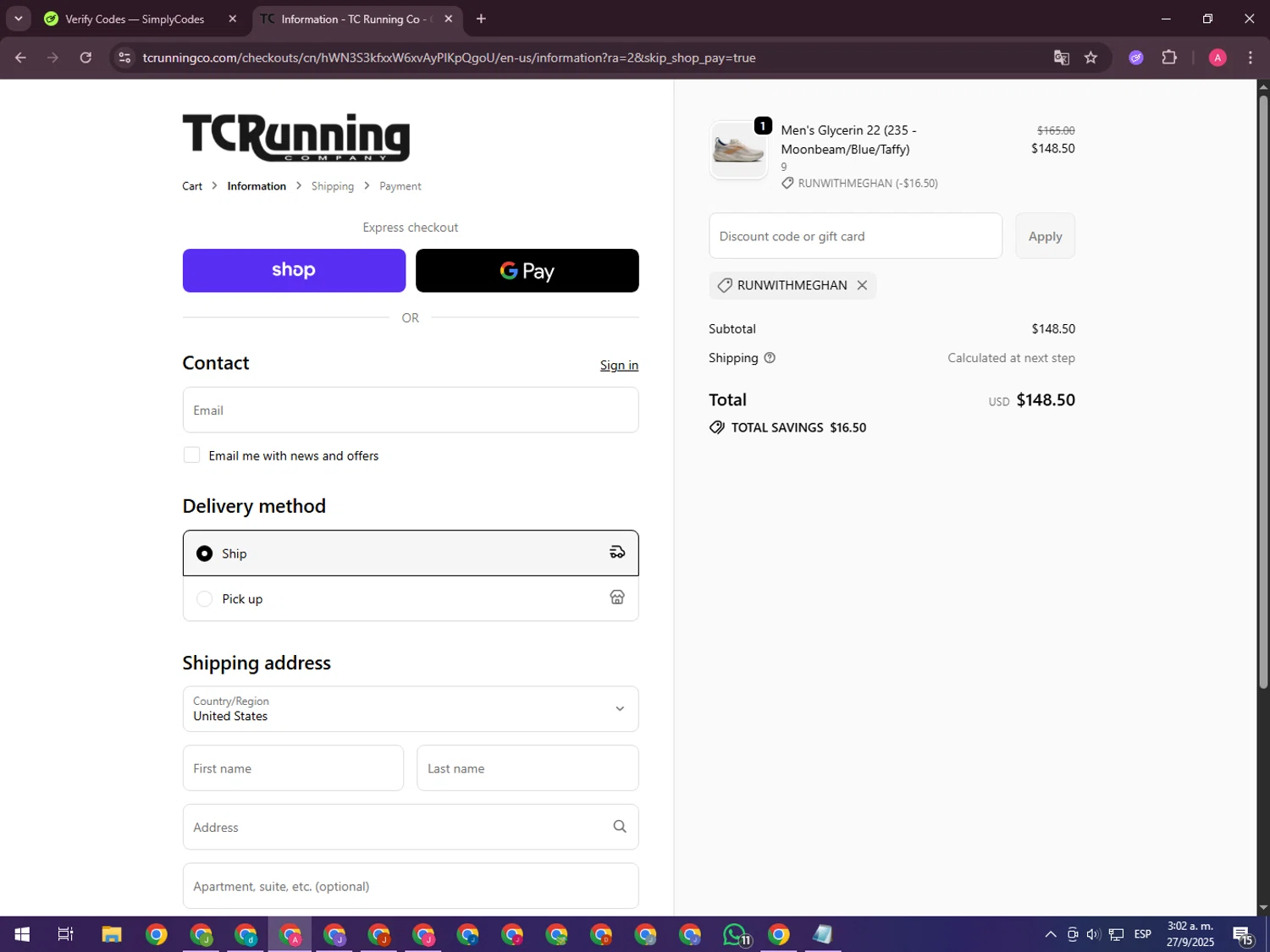 TC Running Company discount code screenshot showing code RUNWITHMEGHAN applied at TC Running Company checkout page. Uploaded by SimplyCodes community member CrownHawk3462 on Sep 27, 2025