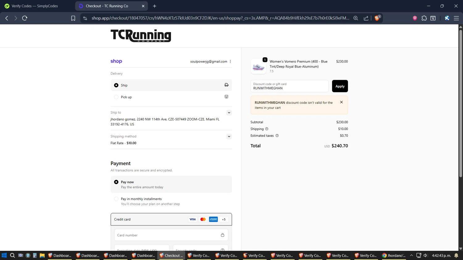 TC Running Company discount code screenshot showing code RUNWITHMEGHAN applied at TC Running Company checkout page. Uploaded by SimplyCodes community member SoulPower on Nov 6, 2025