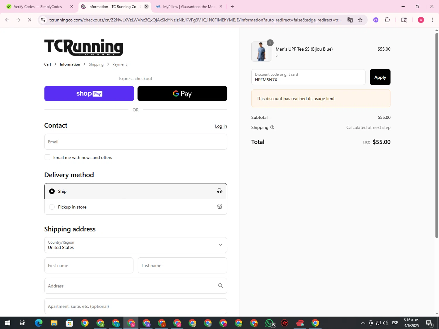 TC Running Company discount code screenshot showing code HPFM5N7X applied at TC Running Company checkout page. Uploaded by SimplyCodes community member CrownHawk3462 on Jun 4, 2025