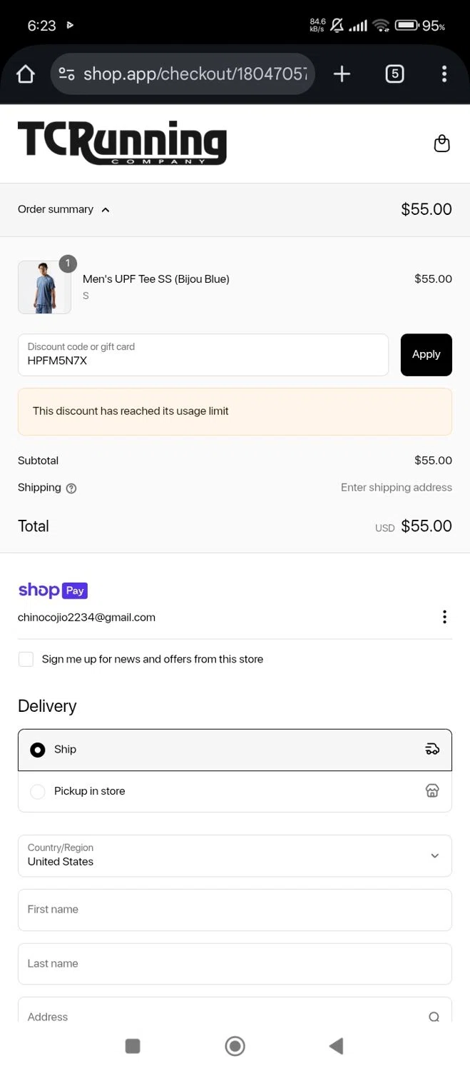 TC Running Company discount code screenshot showing code HPFM5N7X applied at TC Running Company checkout page. Uploaded by SimplyCodes community member Jutdcv on Jun 4, 2025