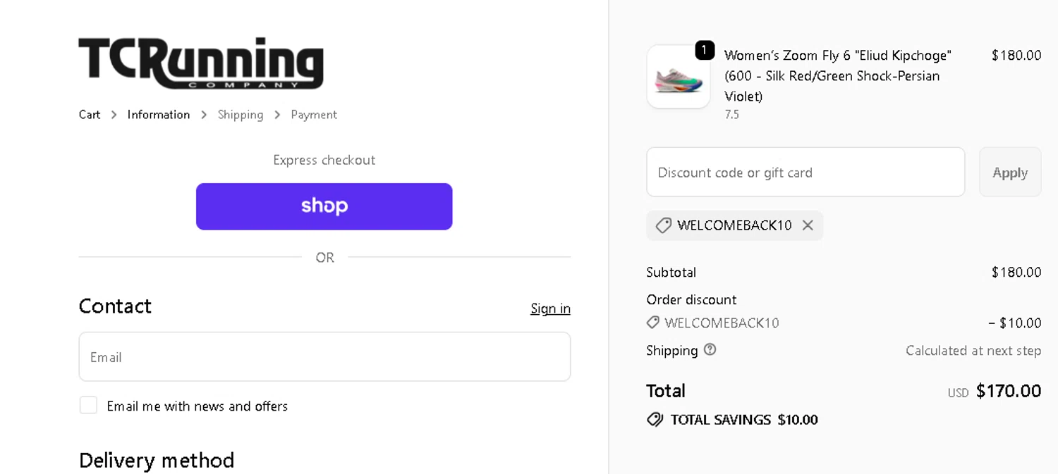 TC Running Company discount code screenshot showing code WELCOMEBACK10 applied at TC Running Company checkout page. Uploaded by SimplyCodes community member CRYSTALSUICINE on Nov 4, 2025