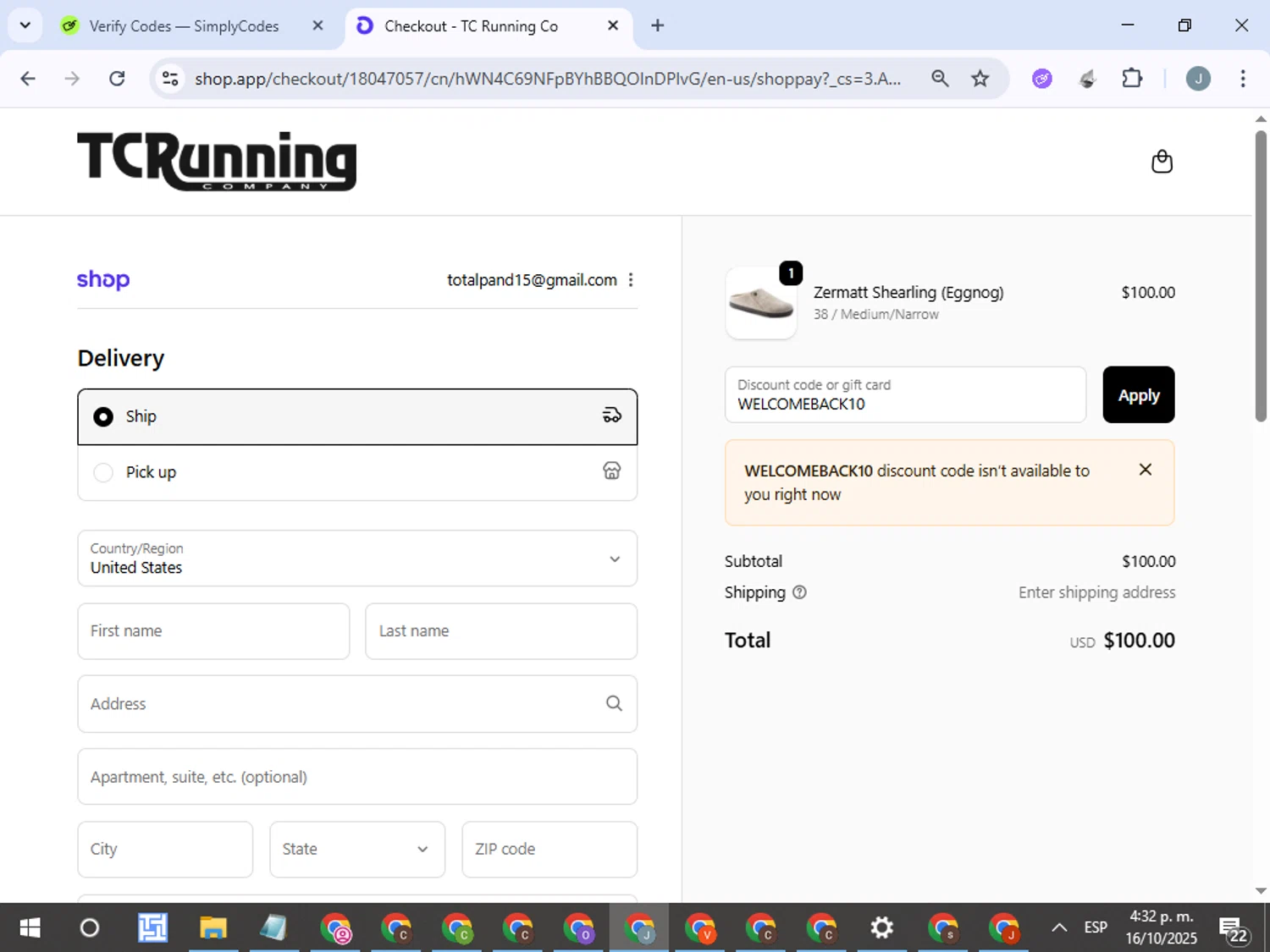 TC Running Company discount code screenshot showing code WELCOMEBACK10 applied at TC Running Company checkout page. Uploaded by SimplyCodes community member ValueTracker8384 on Oct 16, 2025
