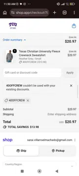 TCU Horned Frogs coupon verification screenshot