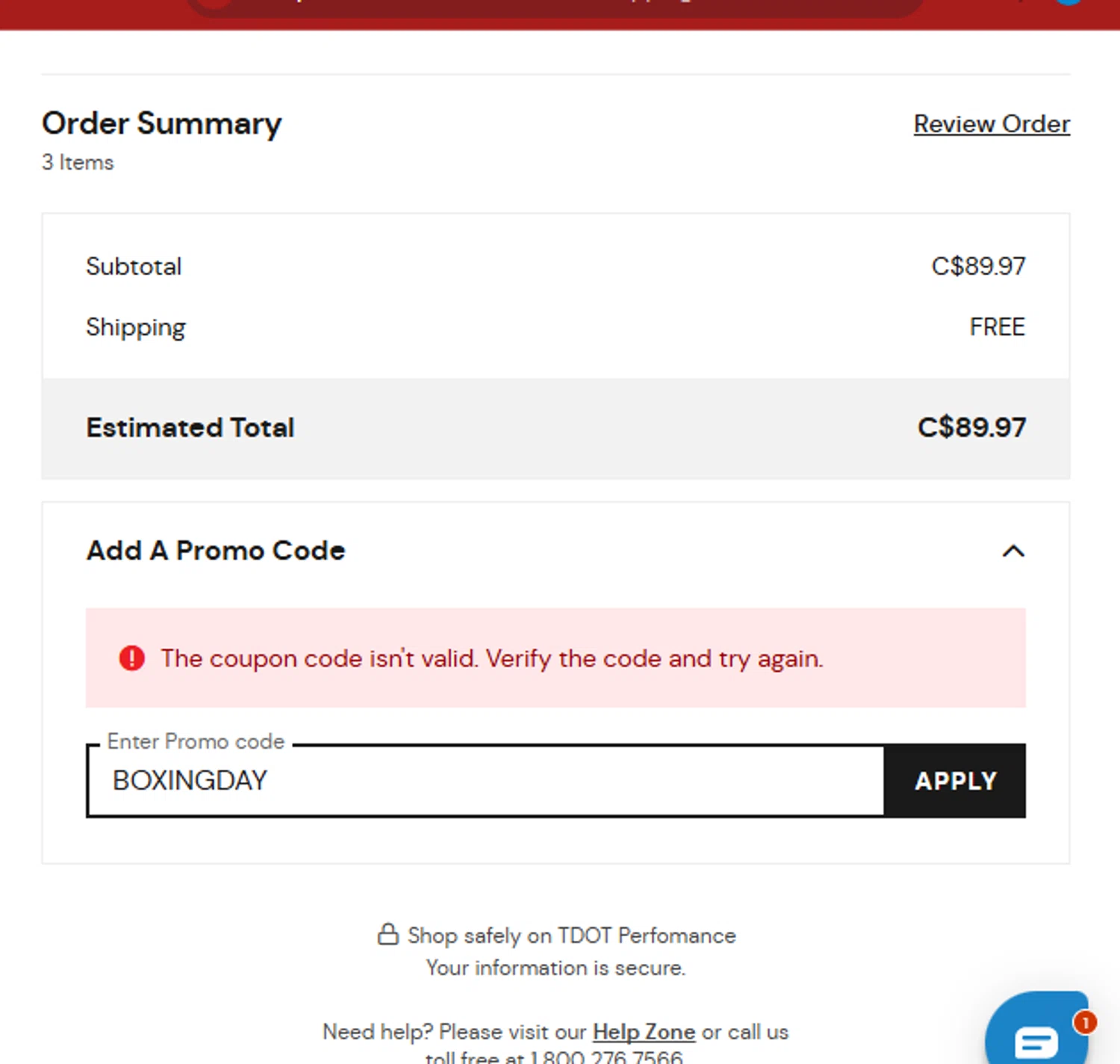 TDotPerformance coupon code screenshot showing code BOXINGDAY applied at TDotPerformance checkout page. Uploaded by SimplyCodes community member ValueHawk9995 on Jan 7, 2025