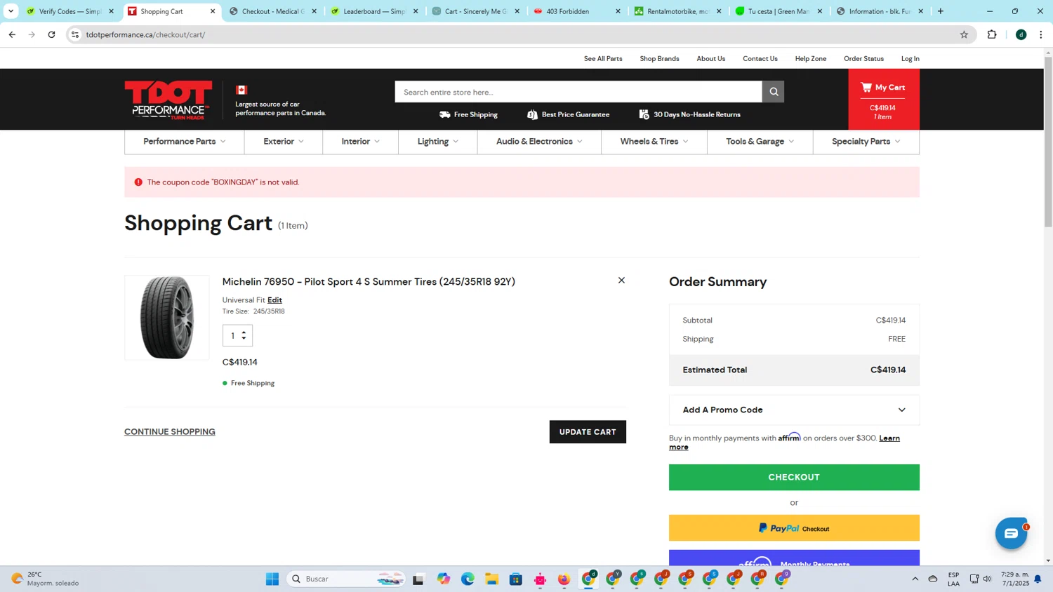 TDotPerformance coupon code screenshot showing code BOXINGDAY applied at TDotPerformance checkout page. Uploaded by SimplyCodes community member darlisiglesias on Jan 7, 2025