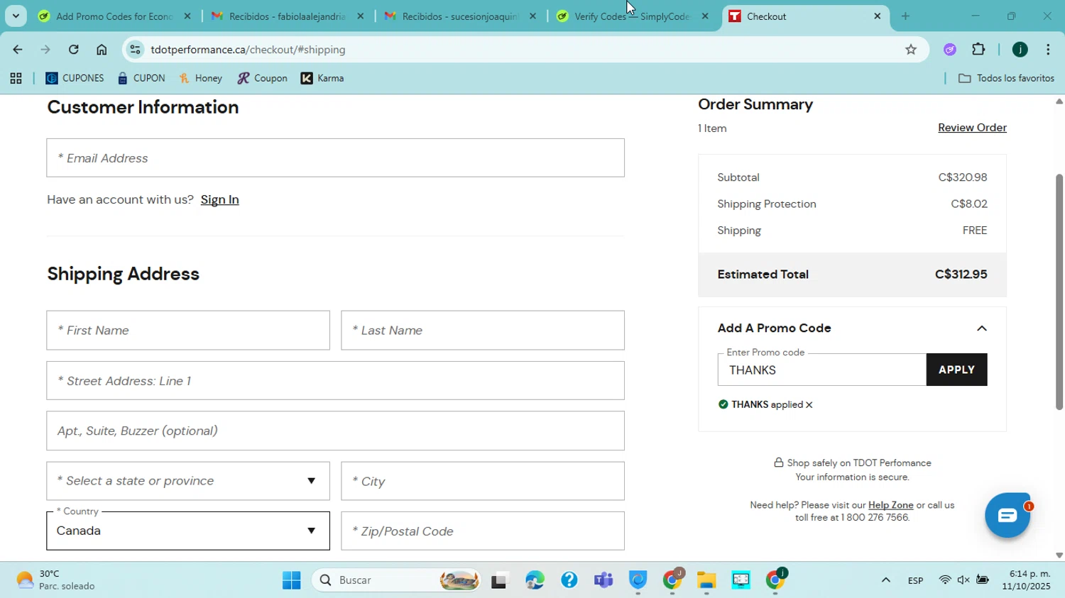TDotPerformance checkout page showing TDotPerformance coupon code box | Screenshot taken by SimplyCodes community member on Oct 11, 2025