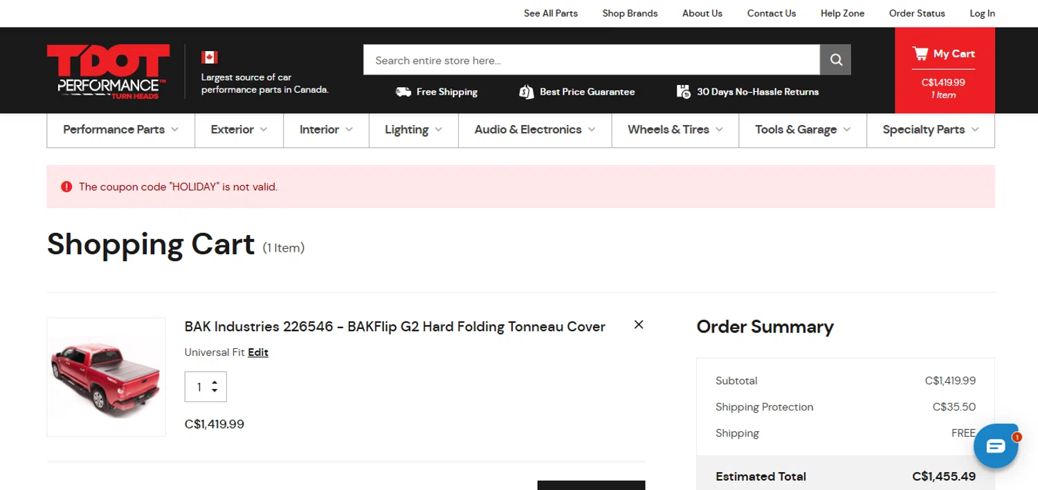 TDotPerformance coupon code screenshot showing code HOLIDAY applied at TDotPerformance checkout page. Uploaded by SimplyCodes community member MoneyHunter5624 on Dec 23, 2025