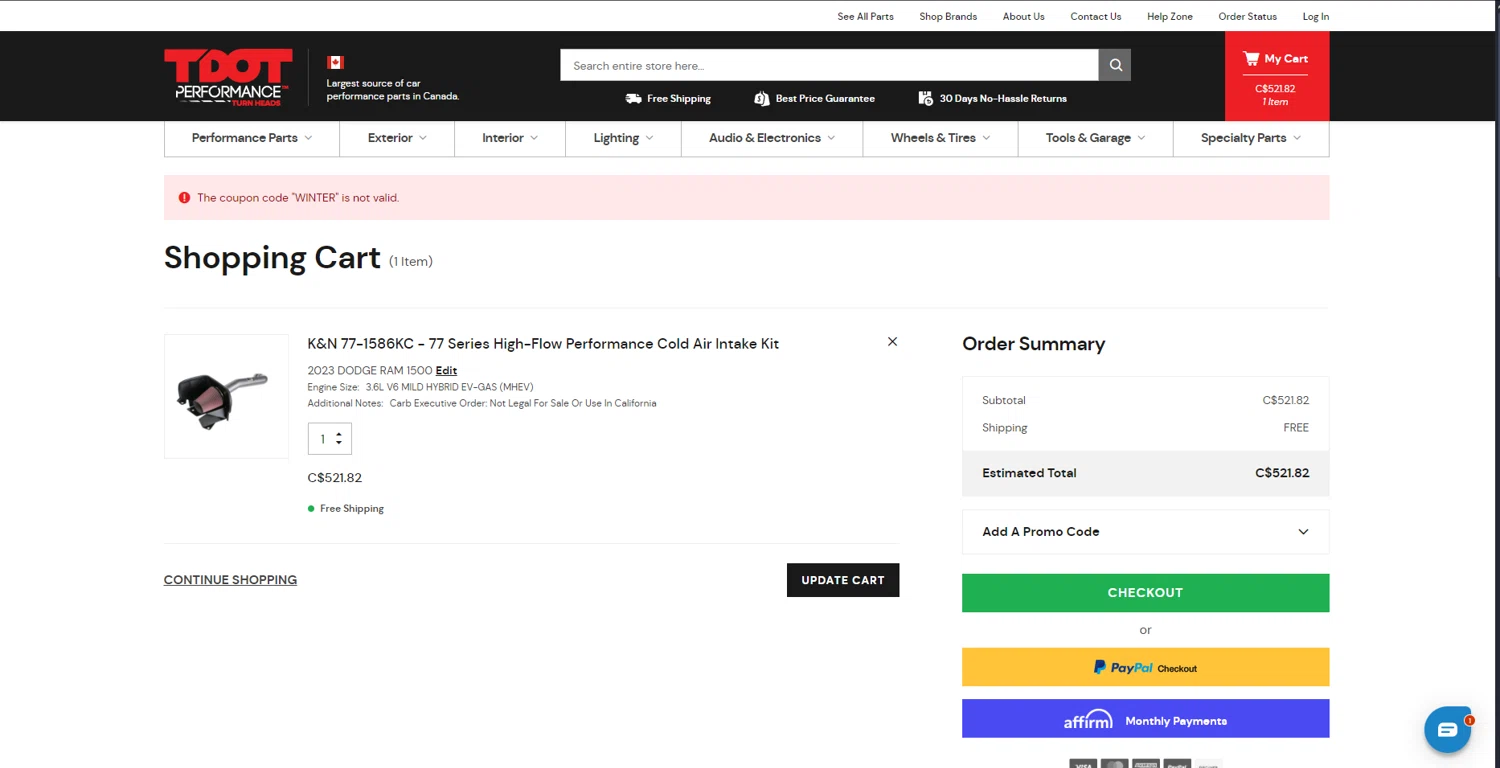 TDotPerformance coupon code screenshot showing code WINTER applied at TDotPerformance checkout page. Uploaded by SimplyCodes community member ThriftyScout2507 on Jan 27, 2025