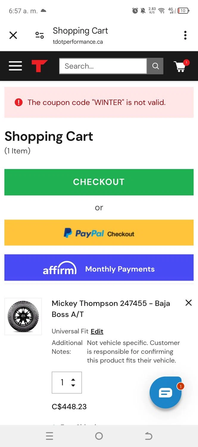 TDotPerformance coupon code screenshot showing code WINTER applied at TDotPerformance checkout page. Uploaded by SimplyCodes community member 0000012354tdrfg on Jan 27, 2025