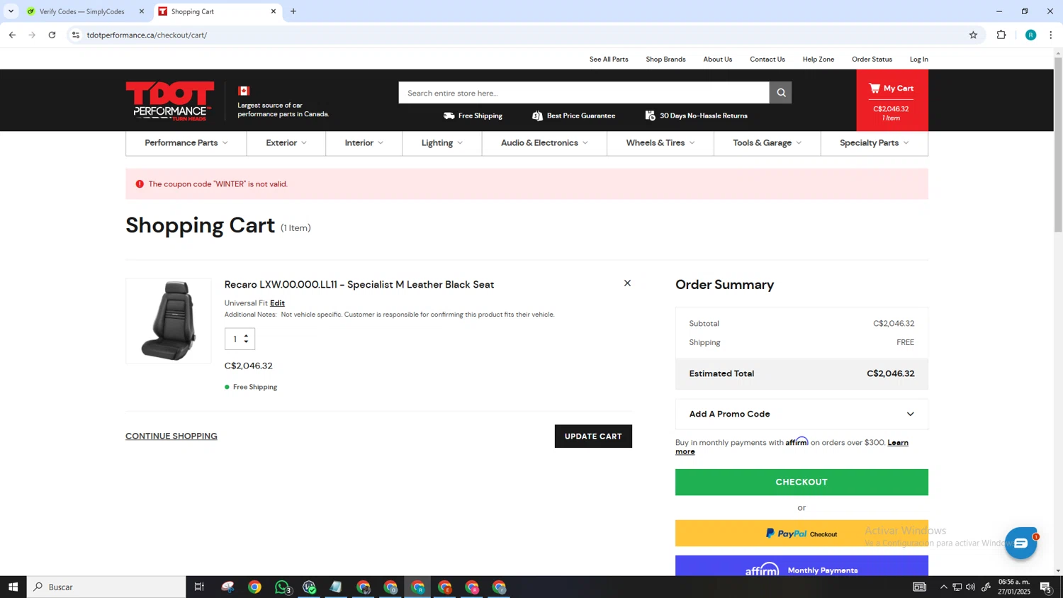 TDotPerformance coupon code screenshot showing code WINTER applied at TDotPerformance checkout page. Uploaded by SimplyCodes community member SmartGenius3209 on Jan 27, 2025