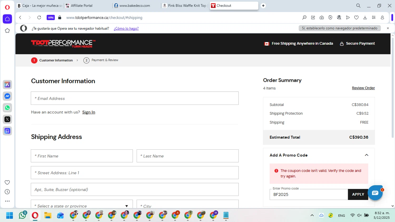 TDotPerformance coupon code screenshot showing code BF2025 applied at TDotPerformance checkout page. Uploaded by SimplyCodes community member Fundolaroca on Dec 5, 2025