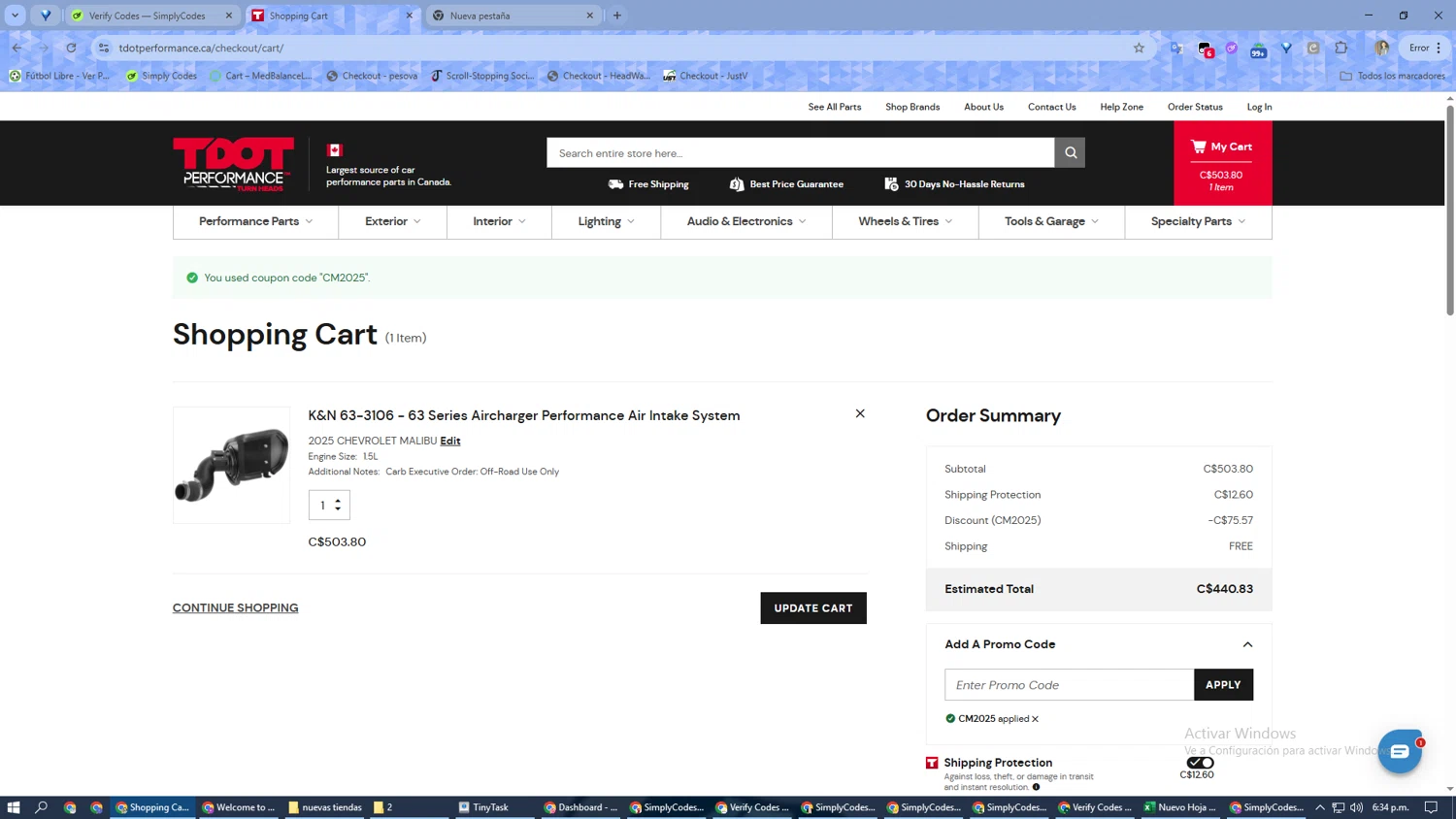 TDotPerformance checkout page showing TDotPerformance coupon code box | Screenshot taken by SimplyCodes community member on Dec 1, 2025