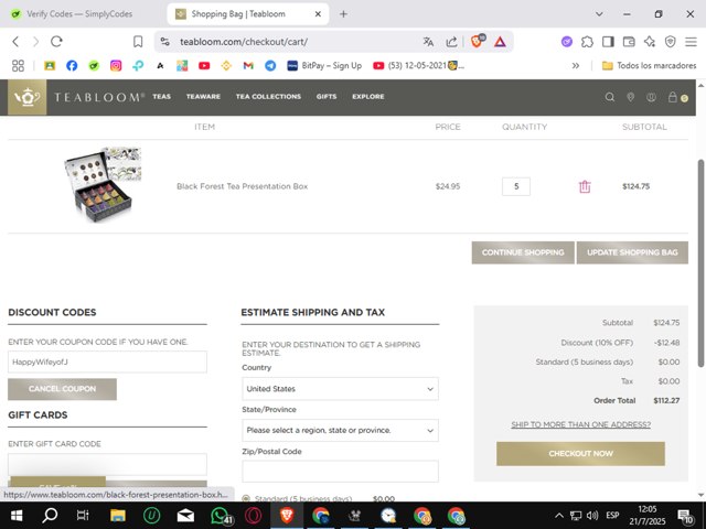 Teabloom checkout page showing Teabloom discount code box | Screenshot taken by SimplyCodes community member on Jul 21, 2025