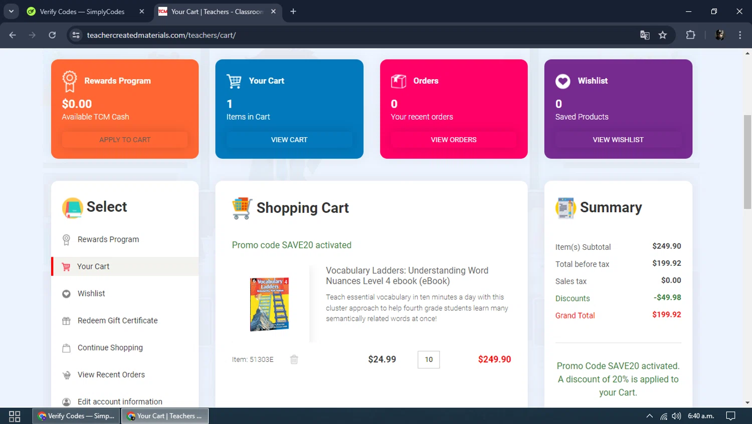 Teacher Created Materials checkout page showing Teacher Created Materials coupon code box | Screenshot taken by SimplyCodes community member on Jun 30, 2024