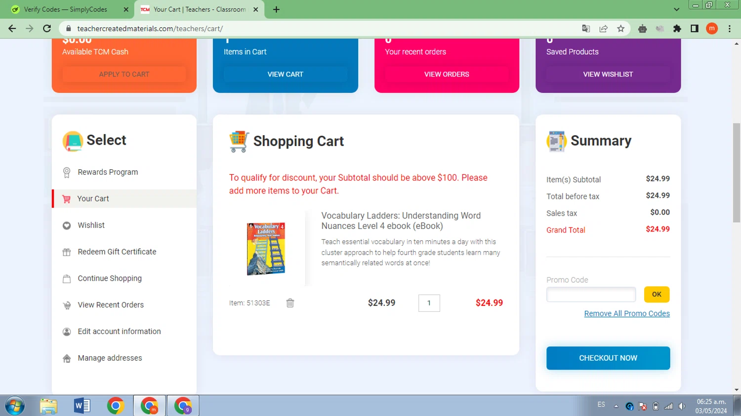 Teacher Created Materials checkout page showing Teacher Created Materials coupon code box | Screenshot taken by SimplyCodes community member on May 3, 2024