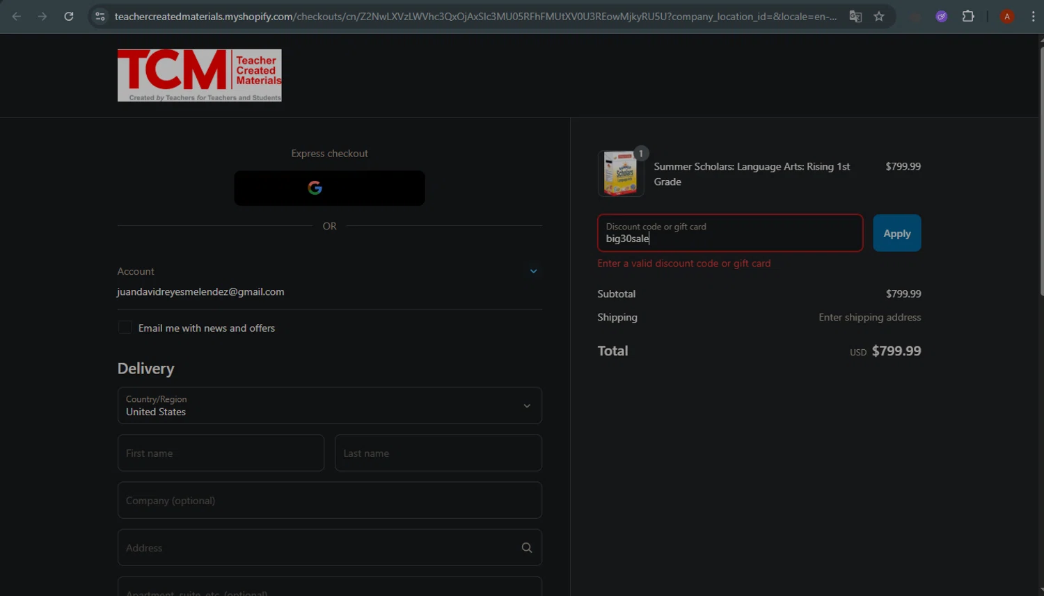 Teacher Created Materials coupon code screenshot showing code big30sale applied at Teacher Created Materials checkout page. Uploaded by SimplyCodes community member ThriftyLegend5118 on May 26, 2025