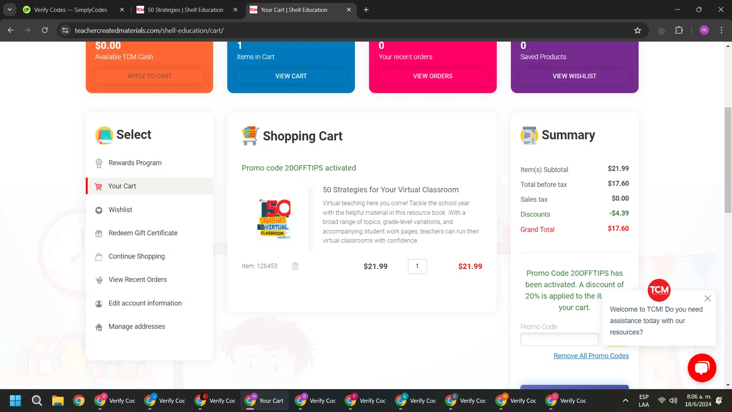 Teacher Created Materials checkout page showing Teacher Created Materials coupon code box | Screenshot taken by SimplyCodes community member on Jun 18, 2024