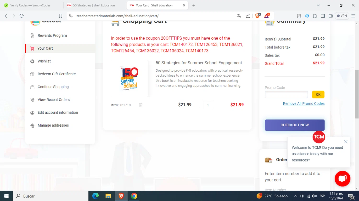 Teacher Created Materials checkout page showing Teacher Created Materials coupon code box | Screenshot taken by SimplyCodes community member on Aug 15, 2024