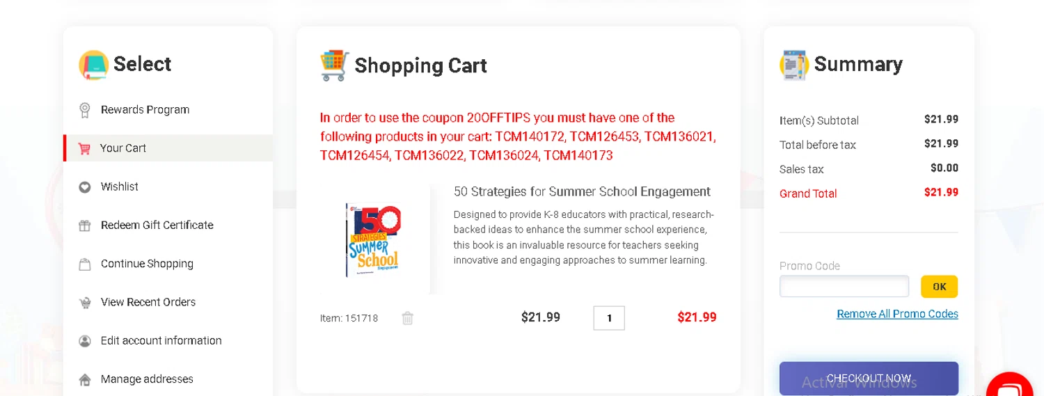 Teacher Created Materials checkout page showing Teacher Created Materials coupon code box | Screenshot taken by SimplyCodes community member on Jul 17, 2024